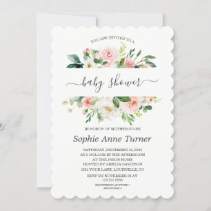 Modern Pink Cream Floral Calligraphy Baby Shower Invitation