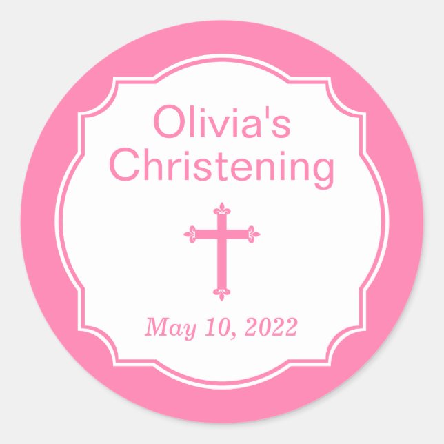 Modern Pink Cross Christening Baptism Classic Round Sticker (Front)