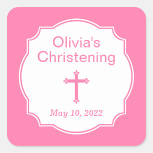 Modern Pink Cross Christening Baptism Square Square Sticker