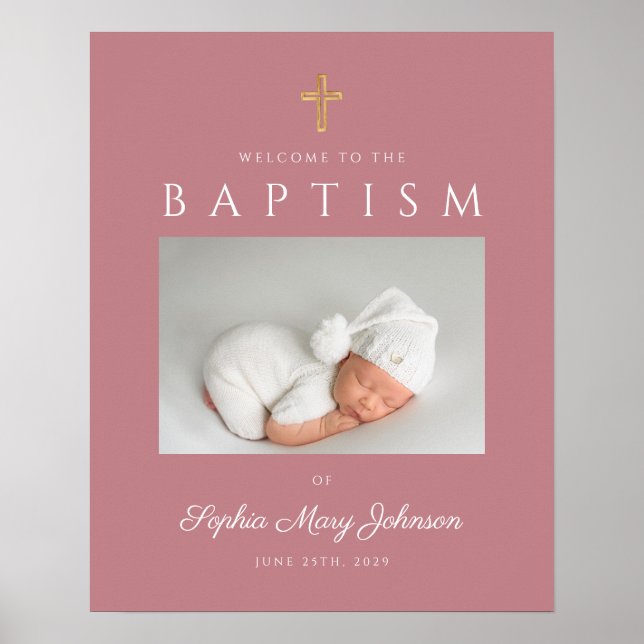 Modern Pink Cross Girl Baptism Photo Welcome  Poster (Front)