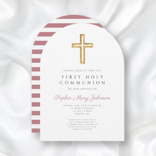 Modern Pink Cross Girl First Communion Arch Invitation