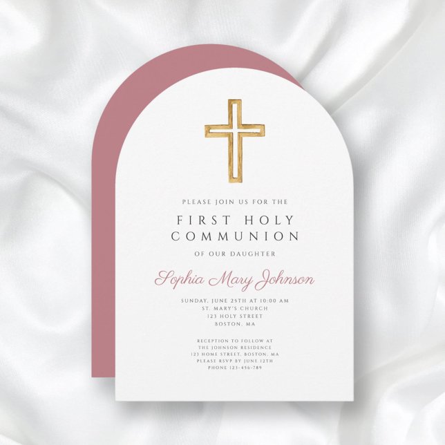Modern Pink Cross Girl First Communion Arch Invitation (Modern Pink Cross Girl First Communion Arch Invitation)