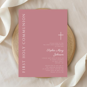 Modern Pink Cross Girl First Communion Invitation
