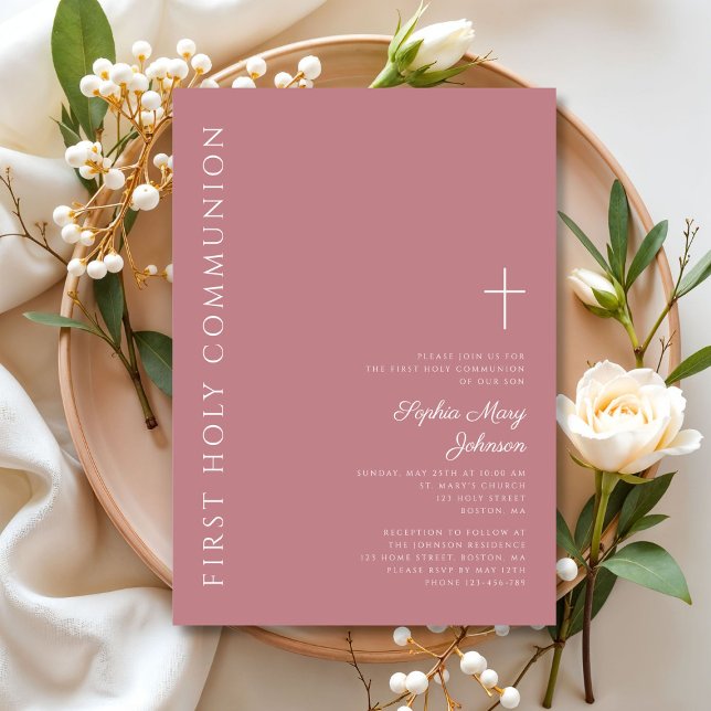 Modern Pink Cross Girl First Communion Invitation (Modern Pink Cross Girl First Communion Invitation)