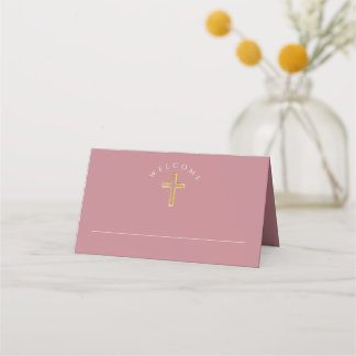 Modern Pink Cross Girl First Communion  Place Card