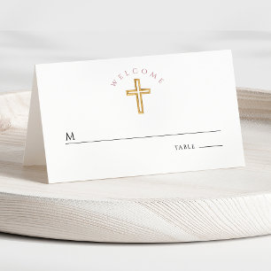 Modern Pink Cross Girl First Communion Place Card