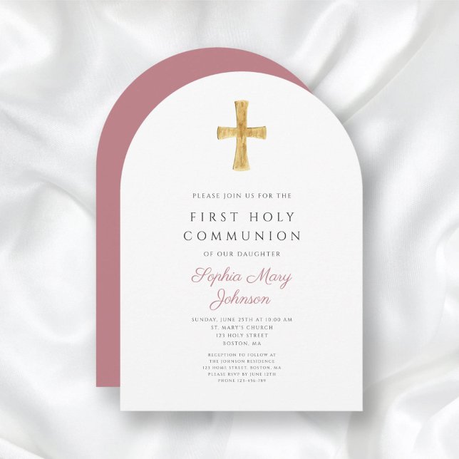 Modern Pink Cross Girl Holy Communion Arch Invitation (Modern Pink Cross Girl Holy Communion Arch Invitation)