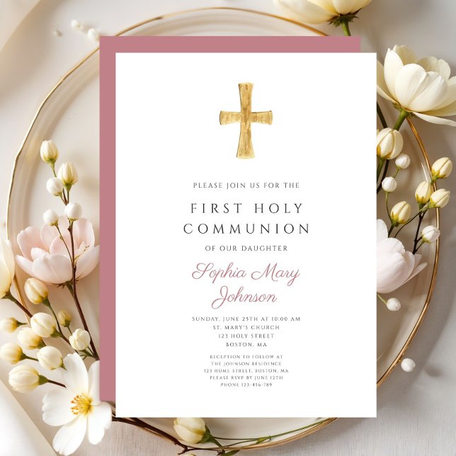 Modern Pink Cross  Girl Holy Communion Invitation (Modern Pink Cross Girl Holy Communion Invitation)