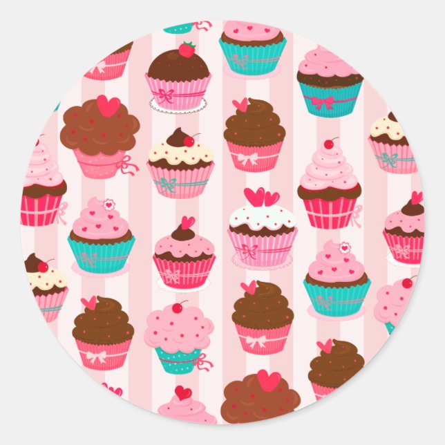 Modern Pink Cupcakes Girly Classic Round Sticker (Front)