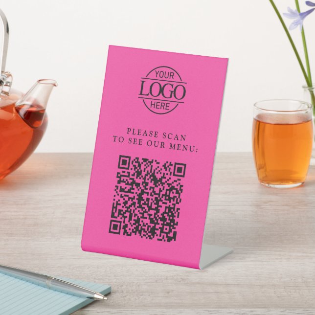 Modern Pink Custom Business Logo QR Code Menu  Pedestal Sign (In SItu)