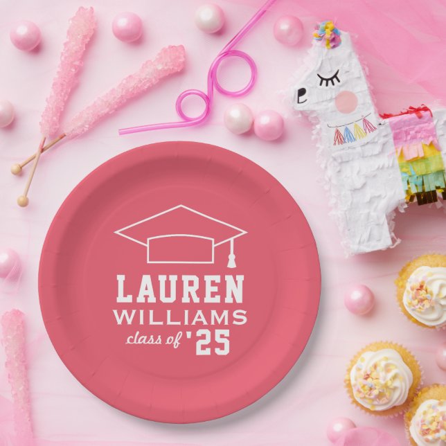 Modern Pink Custom Graduation Party Paper Plate (Party)