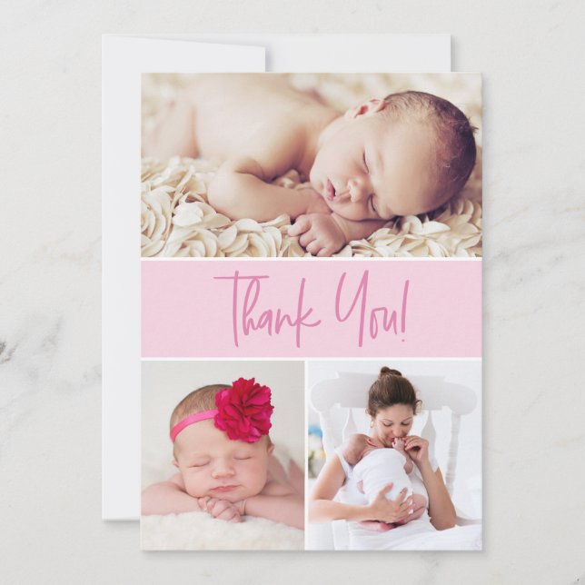 Modern Pink Custom Newborn Photo collage Shower Thank You Card (Front)