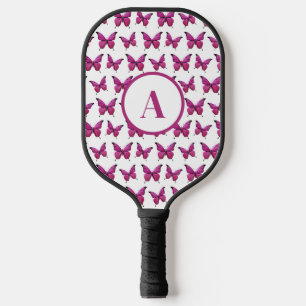 Modern Pink Cute Butterfly Pattern Monogram Pickleball Paddle