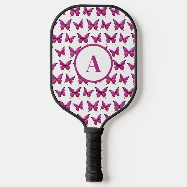 Modern Pink Cute Butterfly Pattern Monogram Pickleball Paddle (Front)