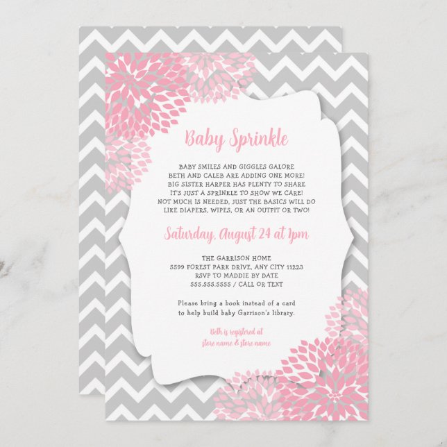Modern Pink Dahlia Baby sprinkle invites (Front/Back)