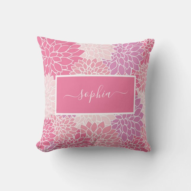 Modern Pink Dahlia Floral Pattern Script Name Cushion (Front)
