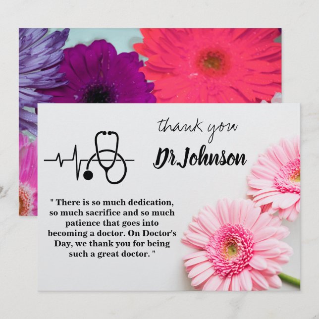 Modern  Pink Daisy Floral Doctors Day  Thank You Card (Front/Back)
