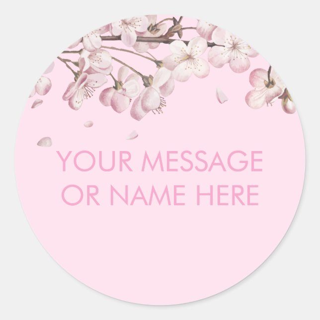 Modern Pink Delicate Blossom Message Name Classic Round Sticker (Front)