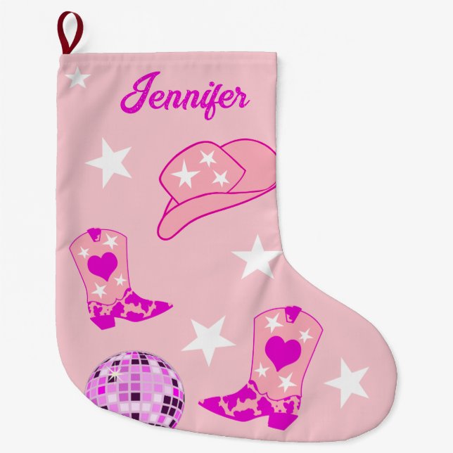 Modern Pink Disco Ball Cowgirl Hat Boots  Large Christmas Stocking (Front)