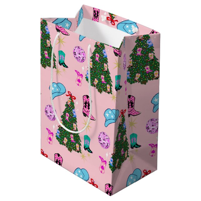 Modern Pink Disco Cowgirl Rodeo Christmas Tree  Medium Gift Bag (Back Angled)