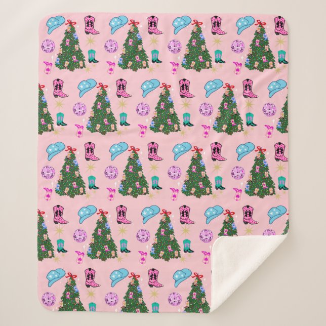 Modern Pink Disco Cowgirl Rodeo Christmas Tree  Sherpa Blanket (Front)