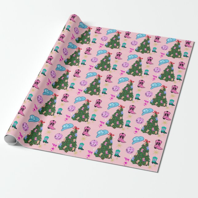 Modern Pink Disco Cowgirl Rodeo Christmas Tree  Wrapping Paper (Unrolled)