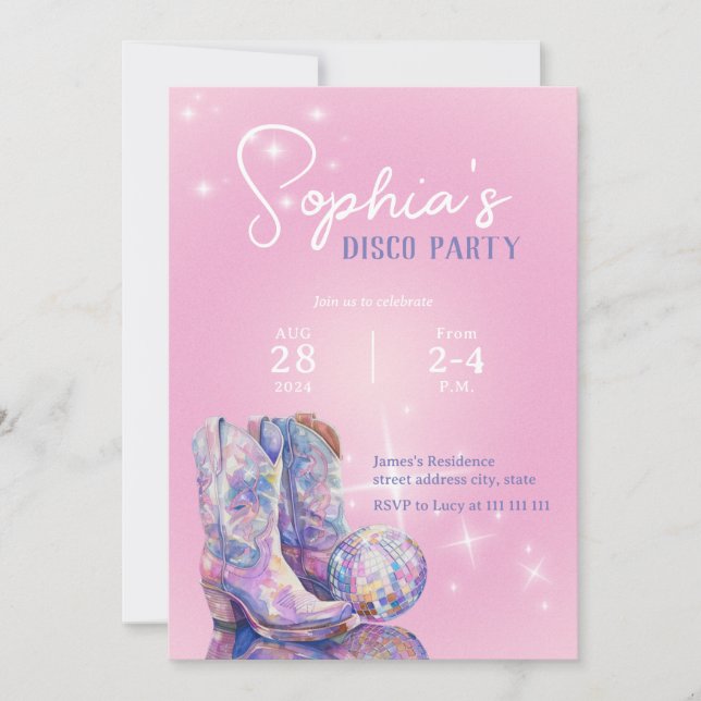 Modern Pink Disco Party Invitation for cowgirl (Front)