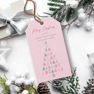 Modern Pink Doodle Christmas Tree, Reindeer, Stars Gift Tags
