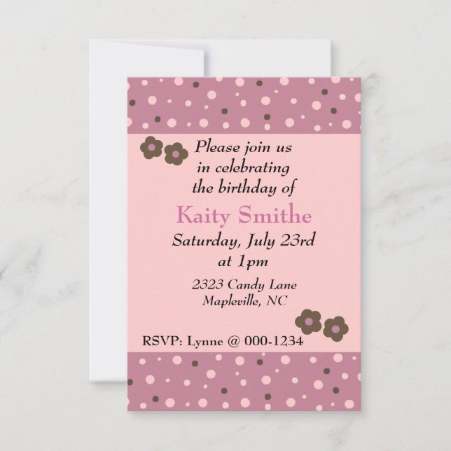Modern Pink Dots and Flowers Birthday Invitation (Front)