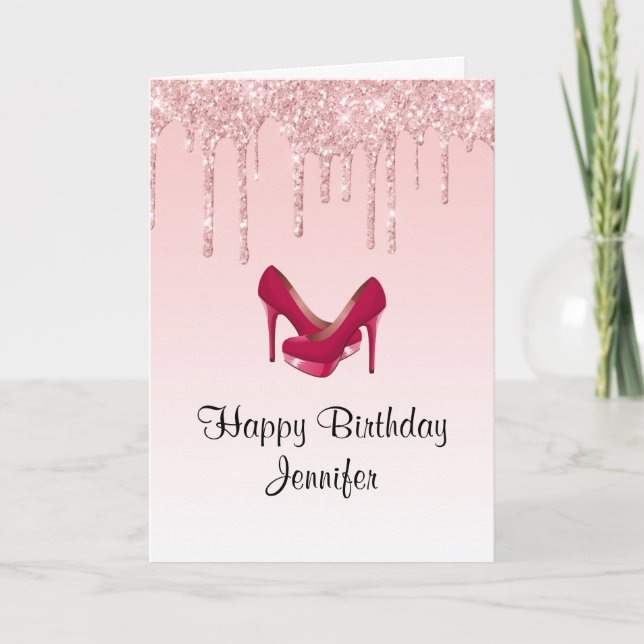 Modern Pink Dripping Glitter High Heels  Birthday Card (Front)