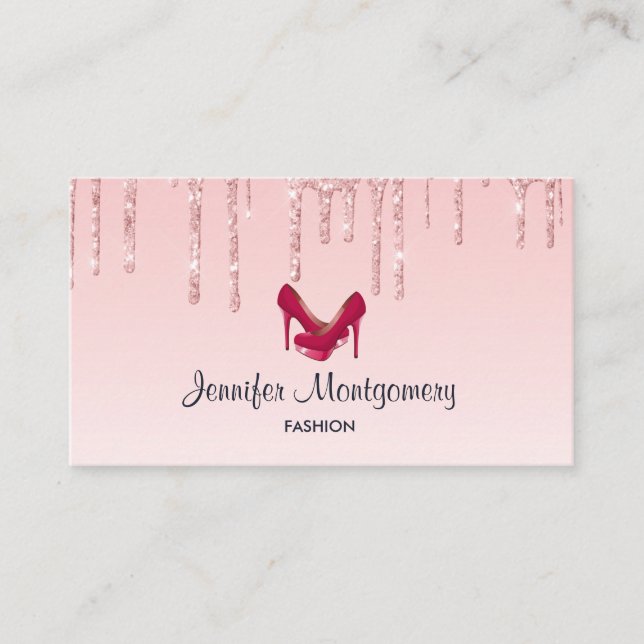 Modern Pink Dripping Glitter & High Heels Business Card (Front)