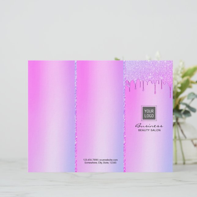 Modern Pink Drips Holograpic Salon Tri-Fold (Standing Front)