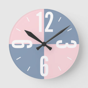 Modern pink, dusty blue colour blocks large number round clock