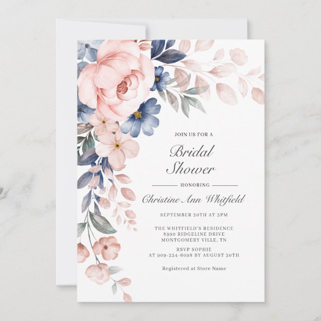 Modern Pink Dusty Blue Floral Bridal Shower Invitation (Front)
