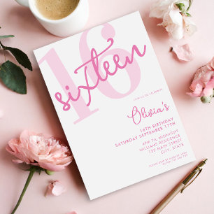 Modern Pink Elegant 16th Birthday Invitation