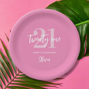 Modern Pink Elegant 21st Birthday Paper Plate