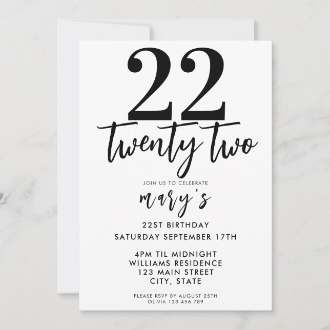 Modern pink elegant 22nd birthday invitation (Front)