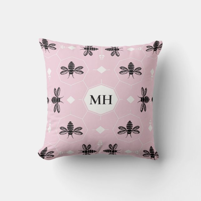Modern Pink Elegant Black Bee Pattern Monogram Cushion (Front)