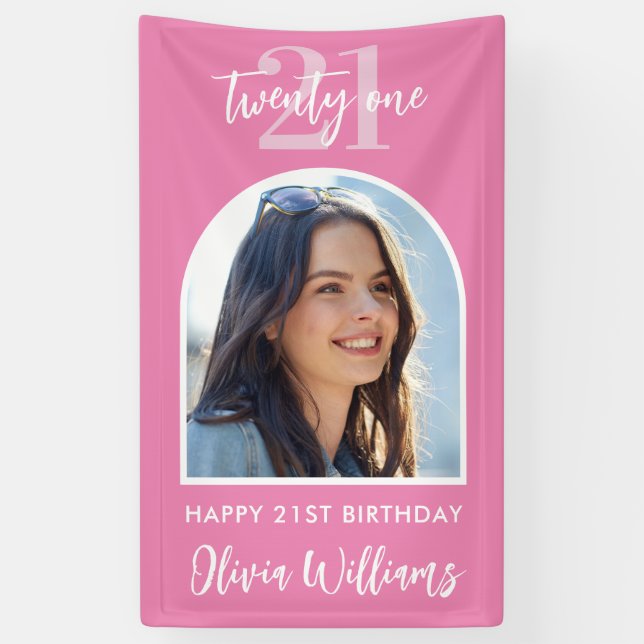 Modern Pink Elegant Photo 21st Birthday Sign (Vertical)