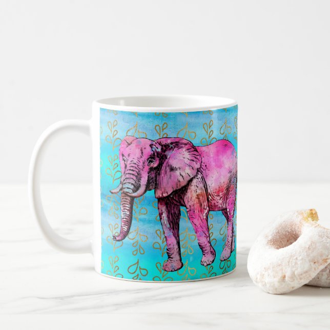 Modern Pink Elephant Blue Watercolor Trendy Coffee Mug (With Donut)