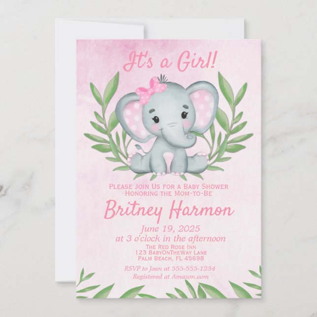 Modern Pink Elephant Safari Girl Baby Shower Invitation (Front)