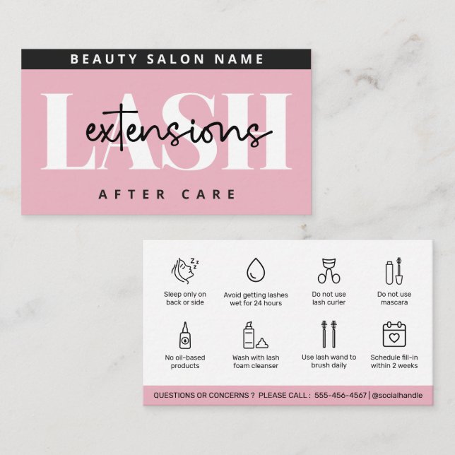 Modern Pink Eyelash Extensions Lash Aftercare Business Card (Front/Back)