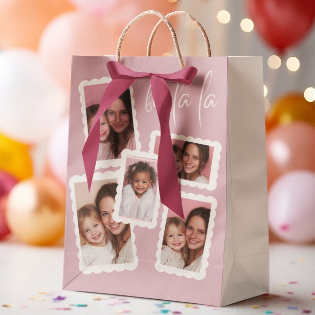 Modern Pink “Fa La La” Multi Photo Christmas Gift  Medium Gift Bag (Creator Uploaded)
