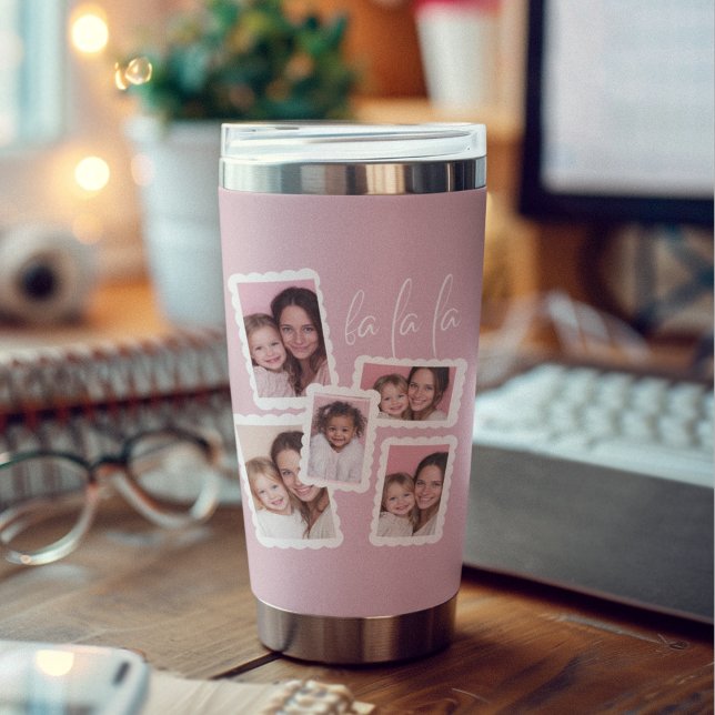 Modern Pink “Fa La La” Multi Photo Christmas Insulated Tumbler (Creator Uploaded)