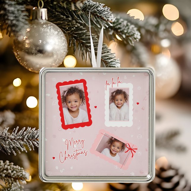 Modern Pink “Fa La La” Multi Photo Christmas Metal Tree Decoration (Creator Uploaded)
