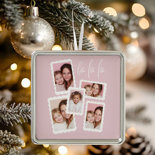 Modern Pink “Fa La La” Multi Photo Christmas Metal Tree Decoration