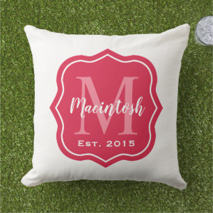 Modern Pink Family Monogram Letter Welcome Cushion