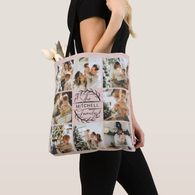 Modern Pink Family Photo Collage Personalised Tote Bag (Close Up)