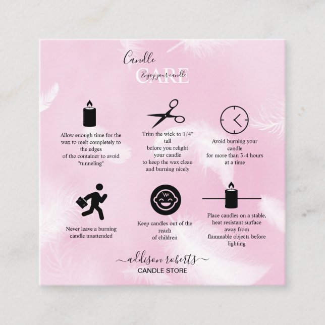Modern pink feather Candle Care  Square Business Card (Front)