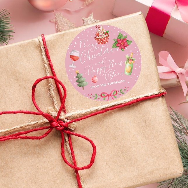 Modern Pink Festive Merry Christmas and New Year Classic Round Sticker (Creator Uploaded)